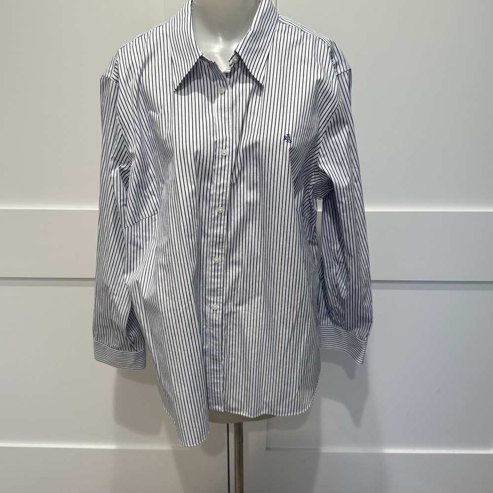 Lauren Ralph Lauren‎ Cotton Shirt RLL Women Plus Size 1X Blue Stripe Button Down